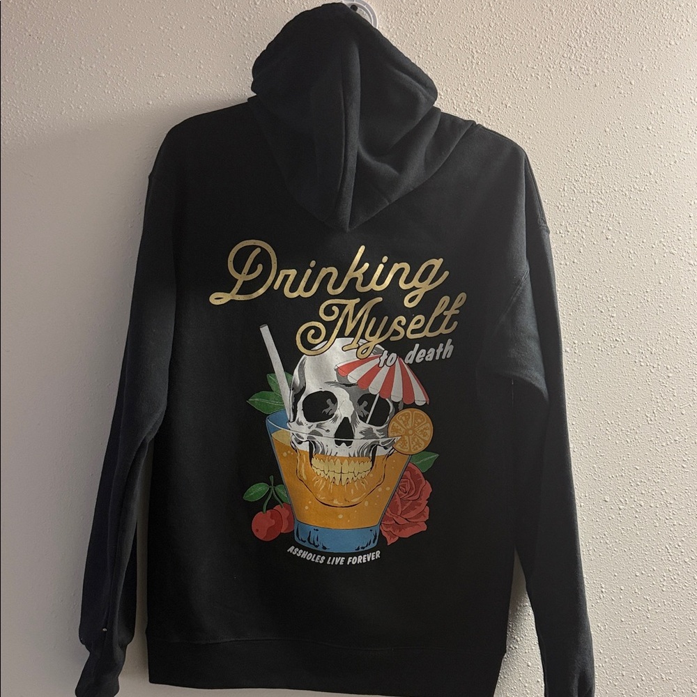 Black Graphic Hoodie with 'Drinking Myself to Death' Skull Cocktail Design
